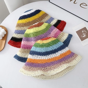 Women Summer Rainbow Striped Paper Straw Bucket Hat Wide Brim Sun Protection Breathable Woven Beach Fisherman Hat