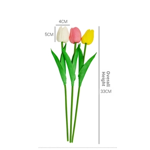 Detailed dimensions of realistic PU mini tulips showing 33cm height and 5cm flower head size