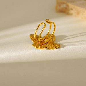 Blue-purple floral gold-plated stainless steel open ring with double-band design