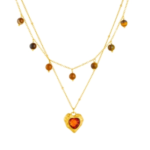 Double-layered gold chain necklace with brown tiger eye beads and heart-shaped pendant