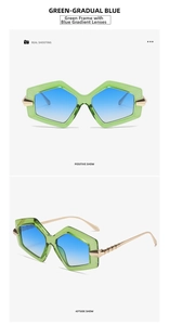 Dettaglio degli occhiali da sole poligonali verdi con lenti sfumate blu e aste in metallo oro