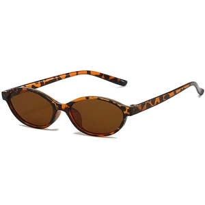 Detail of oval sunglasses with leopard print frame and brown tinted lenses