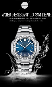 Close-up of diamond-set nautilus style watch with water splash showing 30m water resistance