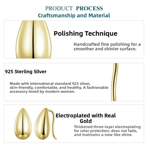 Detail of 925 sterling silver waterdrop earrings with polished 18k gold plating finish
