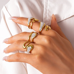Golden fluid style stainless steel rings set with micro-pave crystals for women