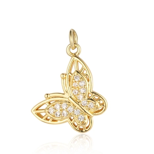 Detailed view of a golden butterfly pendant with sparkling cubic zirconia wing inlays