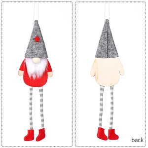 Front and back detail of Christmas gnome ornament with grey star hat and long striped legs