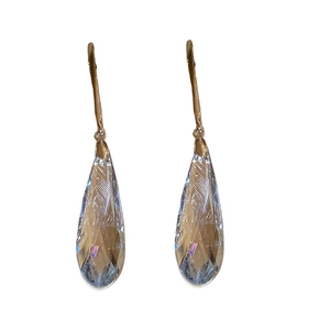 Minimalist gold hooks with clear teardrop faceted crystal earrings on white background