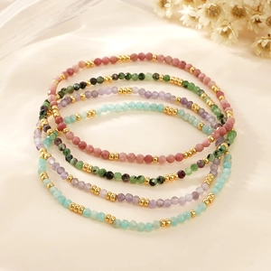 Five-piece set of Bohemian faceted natural stone beaded bracelets with gold accents