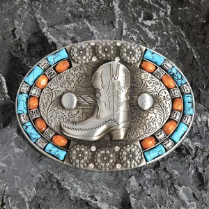 Western cowboy belt buckle with boots relief, floral engravings and blue turquoise beads