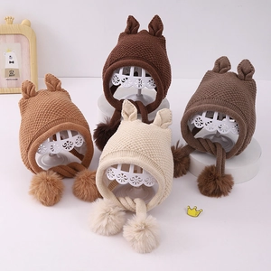Baby Knit Earflap Hat Warm Winter Windproof Animal Ear Pompom Crochet Beanie For Toddler Infants
