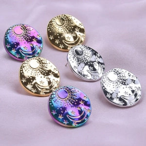 Detailed set of celestial 304 stainless steel studs with sun and moon relief on silk