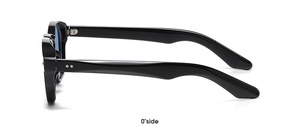 Side view of black round frame sunglasses with blue lenses and metallic rivet details