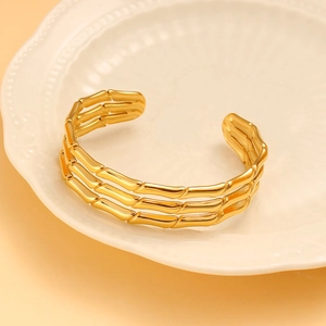 Geometric Stainless Steel Open Bangle For Women Triple Layer Bamboo Knot Design Gold Plated Minimalist Adjustable Cuff Bracelet