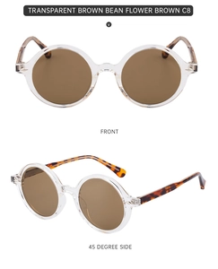 Detail view of transparent brown sunglasses with tortoise temples from multiple angles
