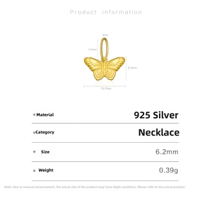 Detailed view of S925 sterling silver butterfly pendant with size measurements and specs