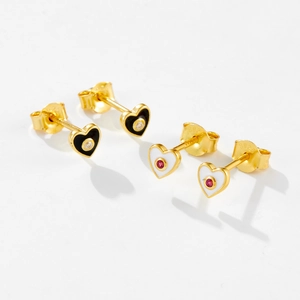 S925 sterling silver heart studs in black and white enamel with small crystals