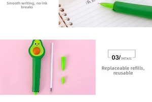 Close-up of cute green avocado squishy pen showing smooth writing tip and ink refill