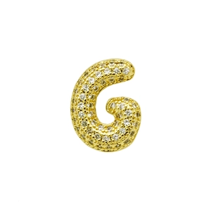 Detailed view of bubble G letter gold charm with pave set zircon stones for DIY jewelry