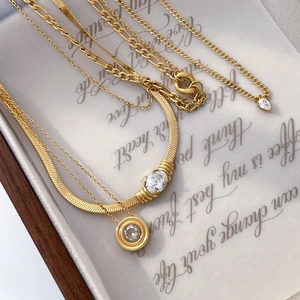 Women Titanium Steel Double Layer Necklace Gold Rhinestone Waterdrop Round Pendant Snake Bone Chain Geometric Fashion Jewelry