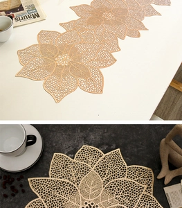 Close-up of golden hollow flower PVC table runner with heat-resistant floral texture
