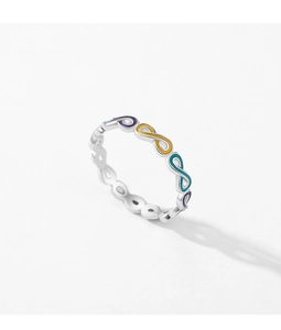 Detail of S925 silver infinity ring with purple yellow and teal enamel colors