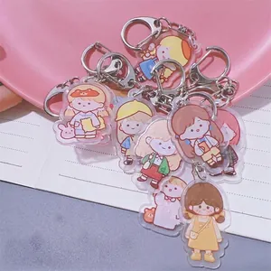 Cute acrylic cartoon girl keychains for schoolbags and earbuds with metal clasp
