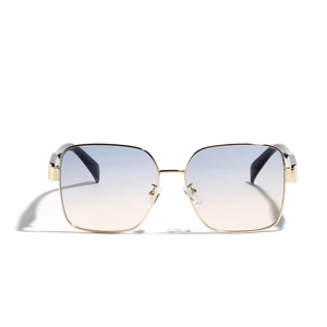 Modern oversized square metal sunglasses with gold frame and blue orange gradient lenses