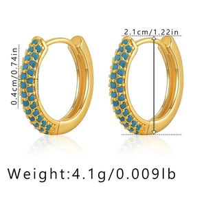Detail view of 18K gold-plated turquoise hoop earrings with size and weight dimensions