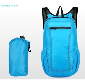 Light blue foldable lightweight backpack showing expanded and compact storage bag form