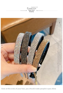 Detail of four row rhinestone banana hair clips in black, silver, gold and rainbow colors