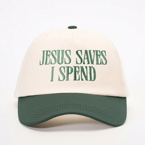 Two-tone baseball cap in beige and forest green with Jesus Saves I Spend embroidery