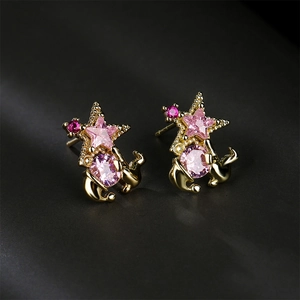 Chic 18k gold plated star and moon earrings with pink cubic zirconia stones