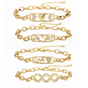 Adjustable Gold Plated Copper Bracelet With Cubic Zirconia Smile Face Heart Love Lightning Star Charms For Women