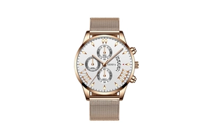 Detail of rose gold stainless steel mesh strap watch with three-dial chronograph display