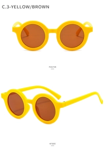 Detail view of round frame yellow kids sunglasses with brown lenses from multiple angles