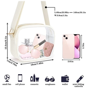 Clear PVC crossbody bag with white trim and adjustable strap showing size measurements