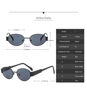 Größentabelle mit Maßen und Details für die ovale Cat-Eye-Metallsonnenbrille