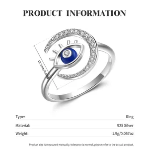 S925 sterling silver moon and evil eye open ring with blue oil and zircon stones