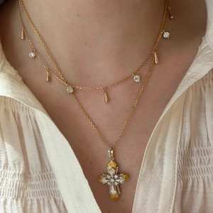 Layered gold cross necklace with Vatican brushed drop pendant and sparkling zircon stones