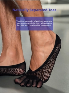 Close-up of black mesh five-toe socks showing breathable texture and individual toe separation