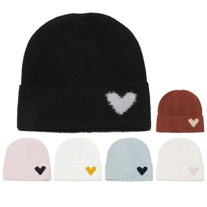 Heart Pattern Beanie Hat Acrylic Knitted Warm Winter Ribbed Cuff Solid Color Fashionable Headwear Accessories For Women