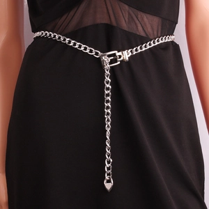 Fashionable single-layer silver metal chain waist belt with drop pendant for women