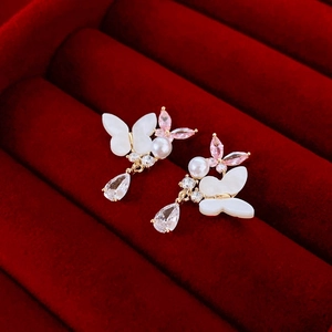 Butterfly Waterdrop Drop Earrings With 925 Sterling Silver Earring Post Copper Shell Imitation Artificial Pearl Zircon Elegant Jewelry For Women