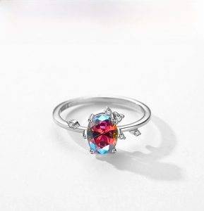 Macro shot of S925 sterling silver ring with oval multi-color mystic topaz and zircons