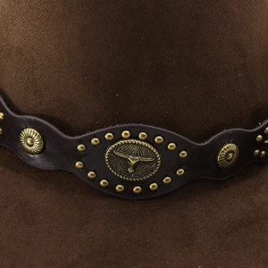 Macro detail of dark brown suede hat with leather band and vintage longhorn bull metal badge