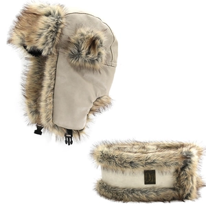 Winter faux leather trapper hat and neck warmer set with faux mink fur lining in beige