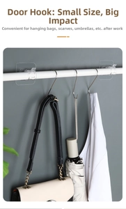 Self-adhesive curtain rod brackets showing wall storage with hooks and crossbar