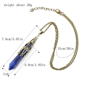 Detailed size chart for blue crystal hexagonal pendant necklace with antique metal wrap