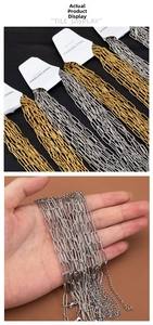Detail of stainless steel paperclip chains in gold and silver finishes on display card